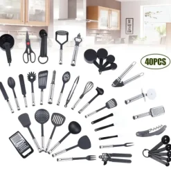 Målebægere & Måleskeer>Køkkenredskabssæt - Madlavningsredskaber 40 dele - Nylon & rustfrit stål - Til madlavning & bagning - Omrøring - Sort
