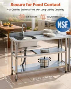 Køkkenvask i rustfrit stål - Fritstående model med enkel kumme - Vandhane med varmt/koldt vand - Dobbelt opbevaringshylde - 120 x 50 x 94 cm New