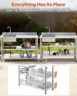 Køkkenvask i rustfrit stål - Fritstående model med enkel kumme - Vandhane med varmt/koldt vand - Dobbelt opbevaringshylde - 120 x 50 x 94 cm New