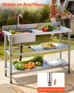 Køkkenvask i rustfrit stål - Fritstående model med enkel kumme - Vandhane med varmt/koldt vand - Dobbelt opbevaringshylde - 120 x 50 x 94 cm New