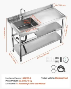 Køkkenvask i rustfrit stål - Fritstående model med enkel kumme - Vandhane med varmt/koldt vand - Dobbelt opbevaringshylde - 120 x 50 x 94 cm New