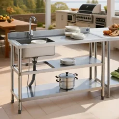 Køkkenvask i rustfrit stål - Fritstående model med enkel kumme - Vandhane med varmt/koldt vand - Dobbelt opbevaringshylde - 120 x 50 x 94 cm New