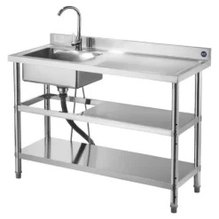 Køkkenvask i rustfrit stål - Fritstående model med enkel kumme - Vandhane med varmt/koldt vand - Dobbelt opbevaringshylde - 120 x 50 x 94 cm New