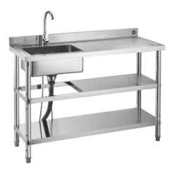 Køkkenvask i rustfrit stål - Fritstående model med enkel kumme - Vandhane med varmt/koldt vand - Dobbelt opbevaringshylde - 120 x 50 x 94 cm New