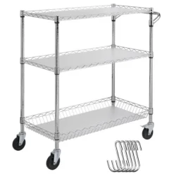 Tilbehør Til Madservering>Køkkenvogn, 3 etager, trådrullevogn med 300 kg kapacitet, stålservicevogn med hjul og 6 kroge - ideel til opbevaring indendørs og udendørs.