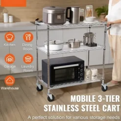 Tilbehør Til Madservering>Køkkenvogn, 3 etager, trådrullevogn med 300 kg kapacitet, stålservicevogn med hjul og 6 kroge - ideel til opbevaring indendørs og udendørs.