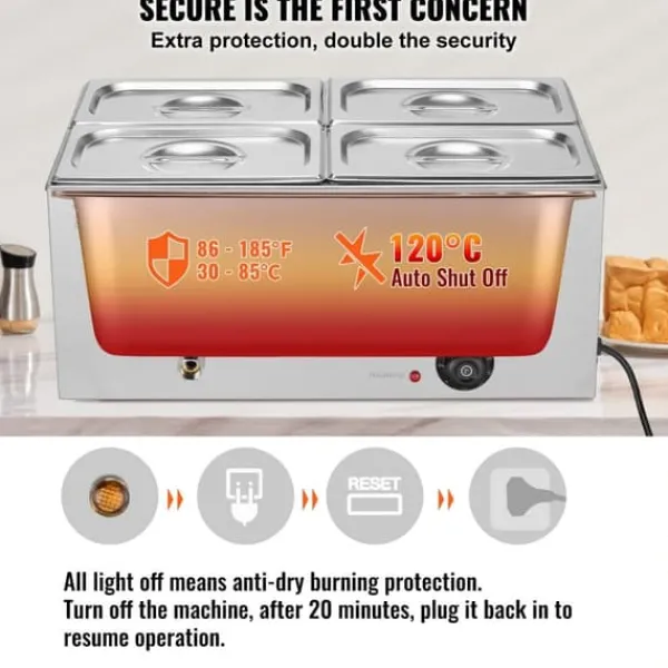 Madopvarmere>Kommerciel Elektrisk Madvarmer 4-Pande, Bordplade Buffet 15L Bain Marie, hurtig opvarmning, ideel til restauranter.