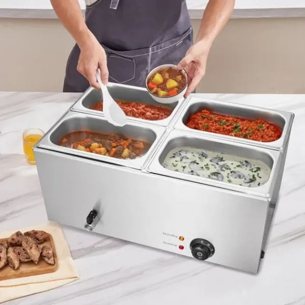 Madopvarmere>Kommerciel Elektrisk Madvarmer 4-Pande, Bordplade Buffet 15L Bain Marie, hurtig opvarmning, ideel til restauranter.