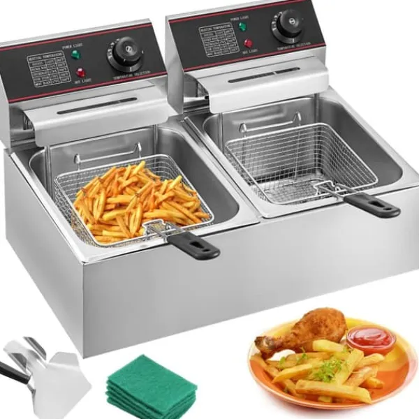 Fritøse>Kommerciel 12L elektrisk frituregryde 5000W med tvillingekurve og dobbelttank i rustfrit stål til professionelle køkkener.