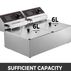 Fritøse>Kommerciel 12L elektrisk frituregryde 5000W med tvillingekurve og dobbelttank i rustfrit stål til professionelle køkkener.