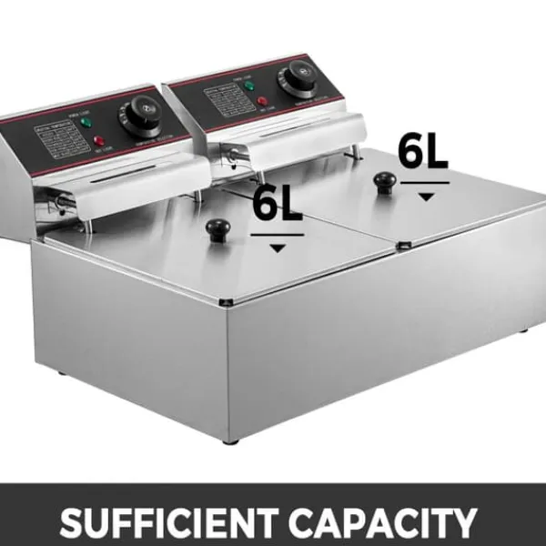 Fritøse>Kommerciel 12L elektrisk frituregryde 5000W med tvillingekurve og dobbelttank i rustfrit stål til professionelle køkkener.