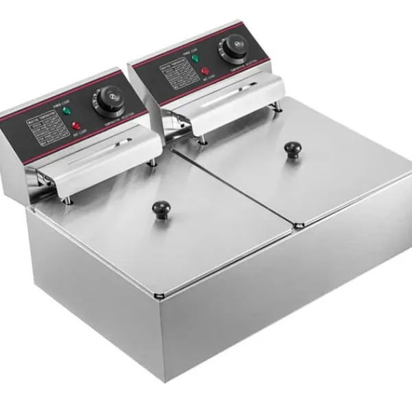 Fritøse>Kommerciel 12L elektrisk frituregryde 5000W med tvillingekurve og dobbelttank i rustfrit stål til professionelle køkkener.