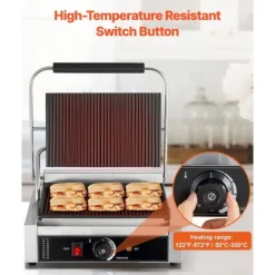 Kommerciel Panini Presse Grill, Sandwichmaker, 34x23 cm Stegeplade, Hurtig Opvarmning, Anti-Slip Fødder Discount