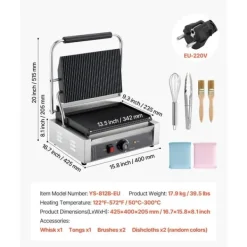 Kommerciel Panini Presse Grill, Sandwichmaker, 34x23 cm Stegeplade, Hurtig Opvarmning, Anti-Slip Fødder Discount