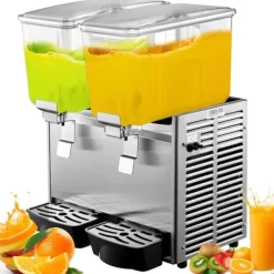 Drikkevareautomater>Kommerciel rustfri ståldispenser til kolde drikke, inkl. 2 tanke til frugtjuice og iste med termostatkontrol.