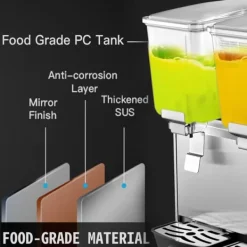 Drikkevareautomater>Kommerciel rustfri ståldispenser til kolde drikke, inkl. 2 tanke til frugtjuice og iste med termostatkontrol.