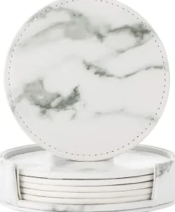 Bordskånere Til Glas>Kopunderlag/Coasters 6-pak PU læder marmor hvid