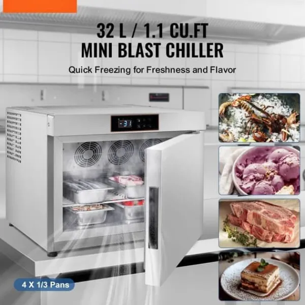 Frysere>32L kommerciel blæstfryser, 4 bakker, hurtig nedkøling, perfekt til skaldyr og isdessert.
