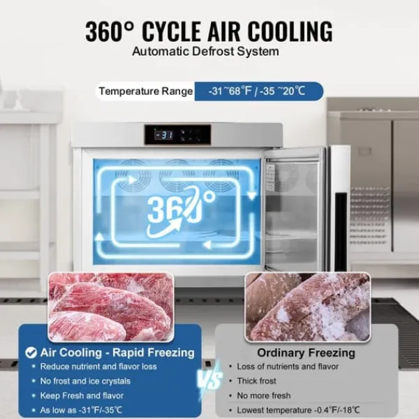 Frysere>32L kommerciel blæstfryser, 4 bakker, hurtig nedkøling, perfekt til skaldyr og isdessert.