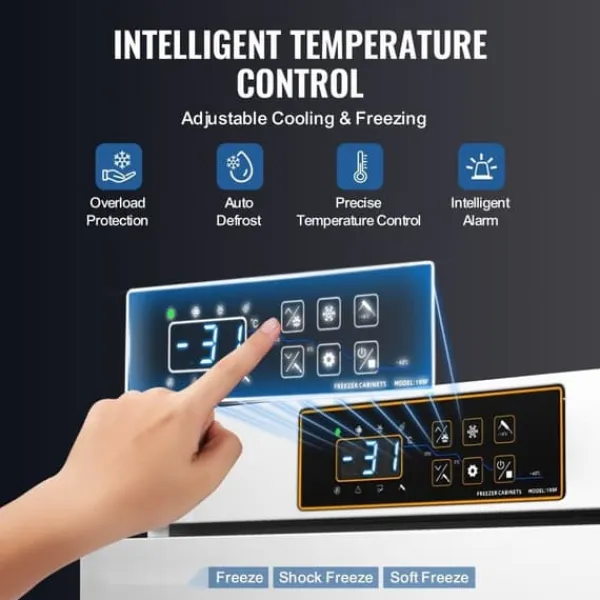 Frysere>32L kommerciel blæstfryser, 4 bakker, hurtig nedkøling, perfekt til skaldyr og isdessert.