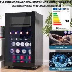 76L Minikøleskab, 6L fryser + 70L køleskab, LED-lys, til 51 dåser, lydløs drift, kompressor, justerbare hylder New