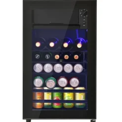 76L Minikøleskab, 6L fryser + 70L køleskab, LED-lys, til 51 dåser, lydløs drift, kompressor, justerbare hylder New