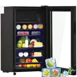 76L Minikøleskab, 6L fryser + 70L køleskab, LED-lys, til 51 dåser, lydløs drift, kompressor, justerbare hylder New