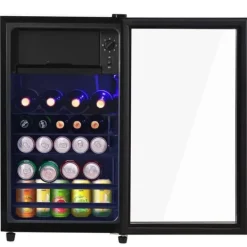 76L Minikøleskab, 6L fryser + 70L køleskab, LED-lys, til 51 dåser, lydløs drift, kompressor, justerbare hylder New