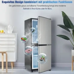 106L minikøleskab, 60L køleskab + 46L fryser, 7 temperaturer, sølvdør, LED-lys, justerbare hylder, 166 kWh/år