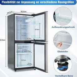 106L minikøleskab, 60L køleskab + 46L fryser, 7 temperaturer, sølvdør, LED-lys, justerbare hylder, 166 kWh/år