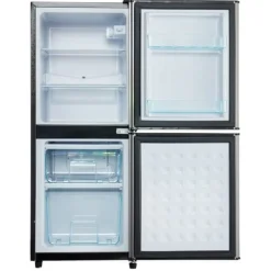 106L minikøleskab, 60L køleskab + 46L fryser, 7 temperaturer, sølvdør, LED-lys, justerbare hylder, 166 kWh/år