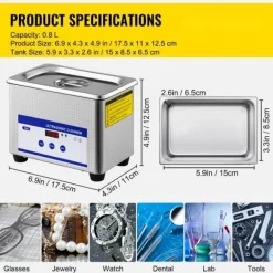 0,8L Ultralydsrensere med digital timer til smykker og briller. 35W rustfrit stål - ideel til hjemmebrug og kommerciel rengøring.