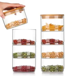 Lagdelte glasopbevaringskrukker til snacks og tørret frugt, salatskål i glas med låg Discount