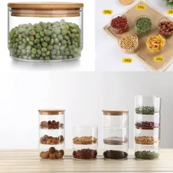 Lagdelte glasopbevaringskrukker til snacks og tørret frugt, salatskål i glas med låg Discount
