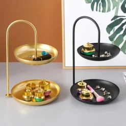 2-lags serveringsbakke i jern, vandtæt opbevaringsfad i flere lag til sofabord, fest, sort Outlet