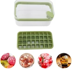 Letudløsende isterningbakke i plastik med 32 gitter, isbakke med låg, beholderske til fryser, grøn Best