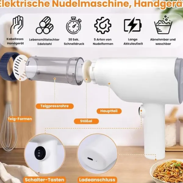 Pastamaskiner>Lollanda elektrisk idiyappam og pastamaskine, håndholdt trådløs pastapresser, 6-i-1 automatisk pastamaskine