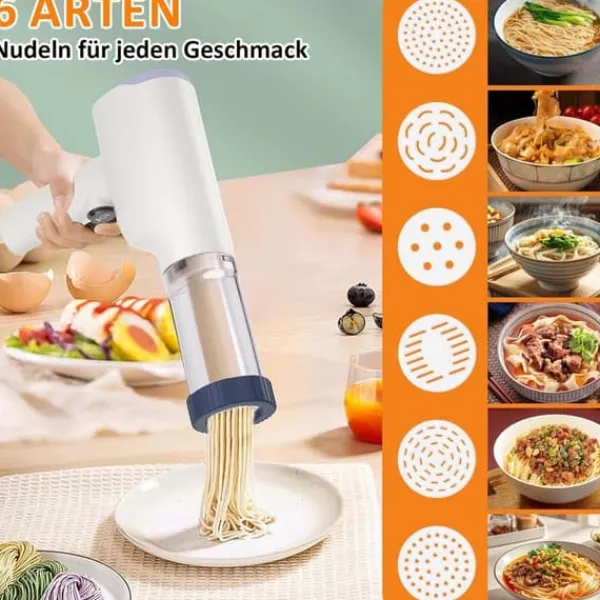 Pastamaskiner>Lollanda elektrisk idiyappam og pastamaskine, håndholdt trådløs pastapresser, 6-i-1 automatisk pastamaskine