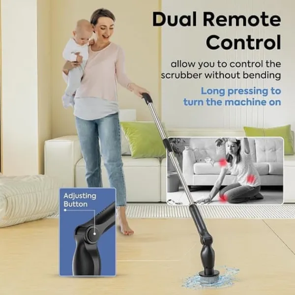 Rengøringsudstyr>Lollanda 8-i-1 elektrisk rengøringsbørste – Trådløs skrubning med forlængerhåndtag, 8 børstehoveder, IPX7 vandtæt, til badeværelse og gulv