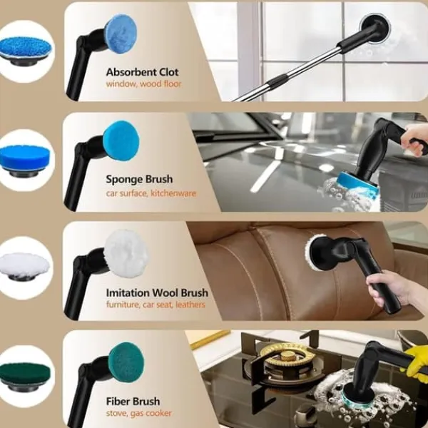 Rengøringsudstyr>Lollanda 8-i-1 elektrisk rengøringsbørste – Trådløs skrubning med forlængerhåndtag, 8 børstehoveder, IPX7 vandtæt, til badeværelse og gulv