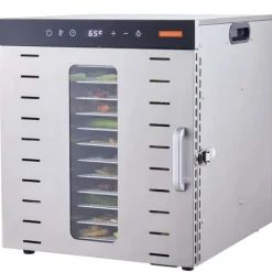 Dehydratorer>Maddehydrator, 10 rustfrie stålbakker, 1000W effekt, temperaturinterval 30-90°C, timerinterval 0,5-48 timer, 360° luftcirkulation