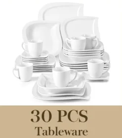 Tallerkener & Bordservicer>MALACASA Middagsservice, 30/60 Stykker, Miljøvenligt Porcelæn,HVID 30-STK