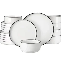 MALACASA Middagsservice, Elegant Rund Form, Blyfri Keramik,36 PCS, Sort kant Outlet
