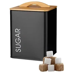Metalbeholder, firkantet sukkerdåse, MONACO SUGAR, pulverlakeret stål, mat sort, silikoneforsegling, bambuslåg Hot