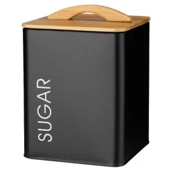 Metalbeholder, firkantet sukkerdåse, MONACO SUGAR, pulverlakeret stål, mat sort, silikoneforsegling, bambuslåg Hot