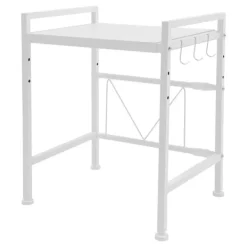 Ovne>Mikroovnshylde - Bordstativ 2-etagers - Udtrækkelig 40–65 cm - Højdejusterbar 30/35/41 cm - Kulstofstål - Max 10–15 kg - 3 Kroge - Hvid