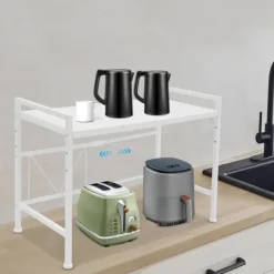 Ovne>Mikroovnshylde - Bordstativ 2-etagers - Udtrækkelig 40–65 cm - Højdejusterbar 30/35/41 cm - Kulstofstål - Max 10–15 kg - 3 Kroge - Hvid