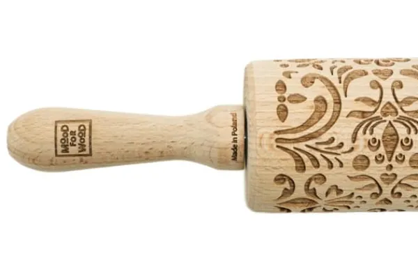 MoodForWood Trækagerulle, Graveret, 43 cm med Håndtag, Perfekt til Bagning - Rosemaling Mønster Sale