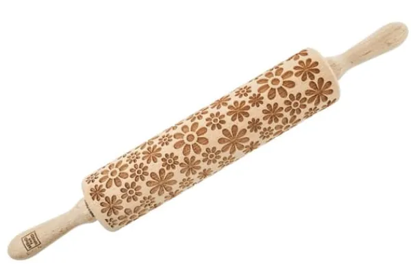 Kageruller>MoodForWood Trækagerulle, Graveret, 43 cm med Håndtag, Perfekt til Bagning - Flower Power Blomster Mønster