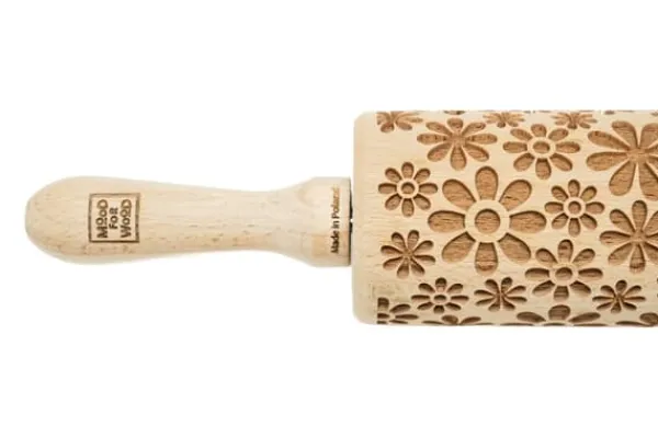 Kageruller>MoodForWood Trækagerulle, Graveret, 43 cm med Håndtag, Perfekt til Bagning - Flower Power Blomster Mønster